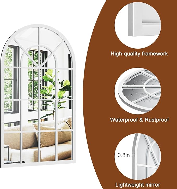 Arch Wall Mirror Mounted Decorative, 31"x42", Arched Window Pane Mirror for Wall-Mounted for Entryway, Bathroom Vanity, Living Room or Bedroom, Iron Frame, White