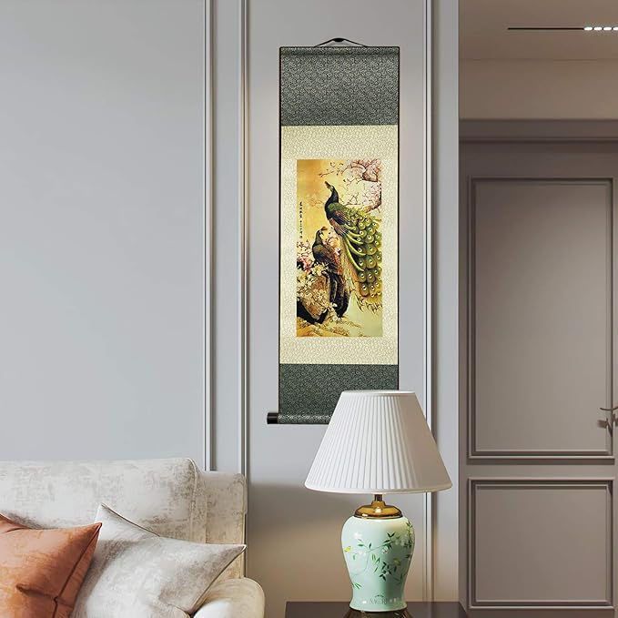AtfArt Asian Wall Decor Beautiful Silk Scroll Painting Birds - Peacock - Cuiyu Pixia Oriental Decor Chinese Art Wall Scroll Wall Hanging Painting Scroll (36.2 x 12 in)
