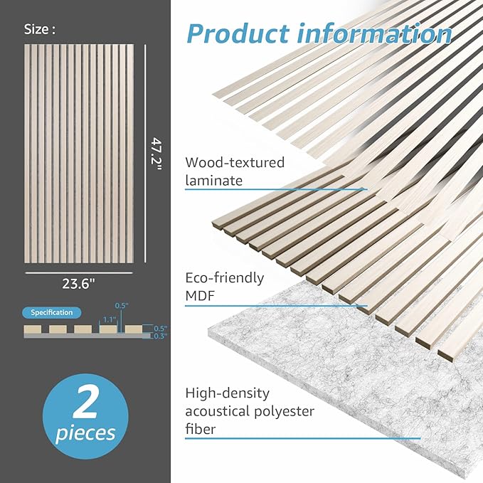 Art3d 2 Wood Slat Acoustic Panels for Wall and Ceiling - 3D Fluted Sound Absorbing Panel with Wood Finish - White Elm