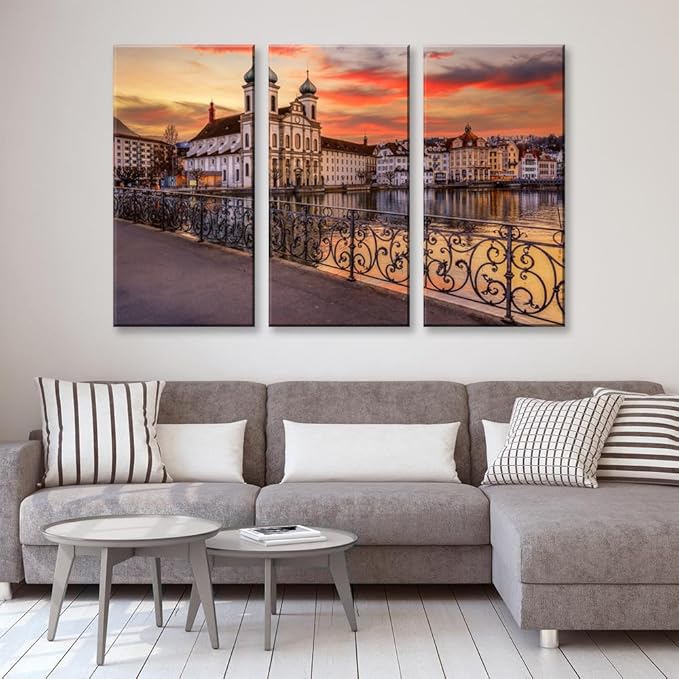 3Pcs European Cityscape Canvas Wall Art Scenic Sunset Over River Cathedral with Domes Lucerne-Inspired Architecture Romantic Travel Destination Decorative Framed Artwork for Living Rooms Bedrooms