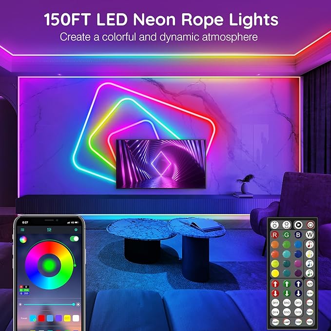 150Ft Neon Rope Lights,Flexible Led Rope Lights Control with App/Remote,Multiple Modes Light,IP65 Outdoor RGB Led Light Waterproof (150Ft Neon Rope Lights)