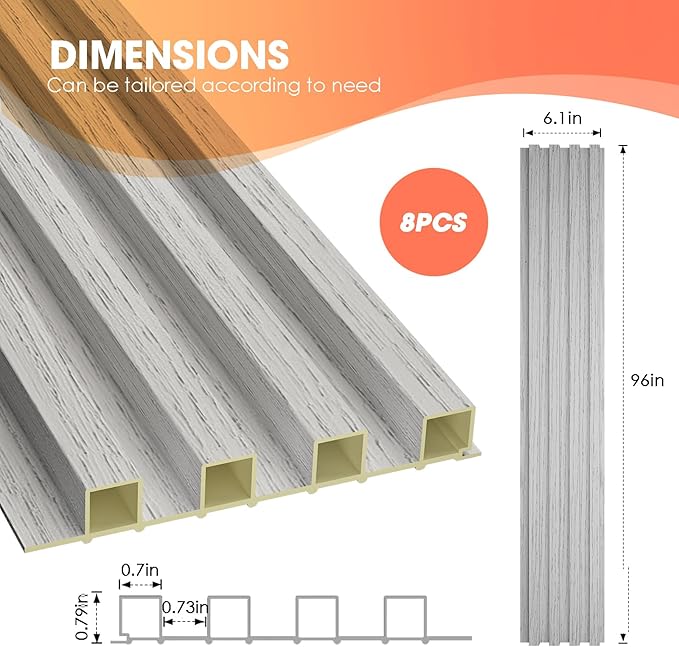 OUZUGIE WPC Acoustic Slat Wall Paneling, 8-Pack 96 x 6 Inches 3D Wall Panels for Interior Wall Decor,Living Room,TV Background,Study Room,Office Spaces,Bedroom,High Grille (Grey)