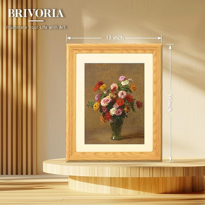 Brivoria Framed Canvas Wall Art Vintage Decor, Classical Floral Art Print with Mat Showing Colorful Zinnias in Vase and Warm Tones for Hallway Dining Room or Seasonal Autumn Wall Decoration, 13"x16"