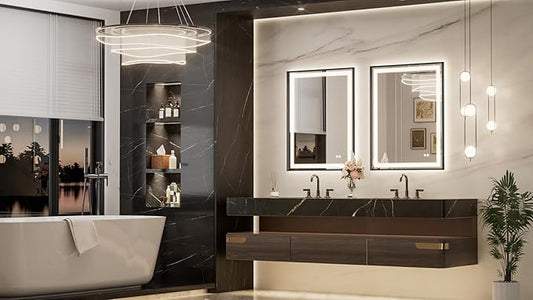 Keonjinn 28 x 36 Inch Black Bathroom LED Mirror with Frontlit & Backlit, Lighted Bathroom Mirror, HD Tempered Glass, UL Listed LED Driver, Aluminium Beveled Frame, 3 Color Lights, Dimming, Defogging