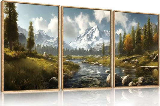 Large Watercolor Snow Mountain Framed Canvas Wall Art,Modern River Grassland Wall Decor,Natural Green Forest Artwork,Neutral Wood Landscape Art Print for Living Room,Bedroom,Office- 16"x24"x3