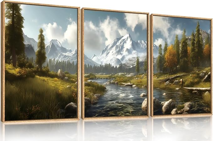 Aryroi Large Watercolor Snow Mountain Framed Canvas Wall Art,Modern River Grassland Wall Decor,Natural Green Forest Artwork,Neutral Wood Landscape Art Print for Living Room,Bedroom,Office- 24"x36"x3