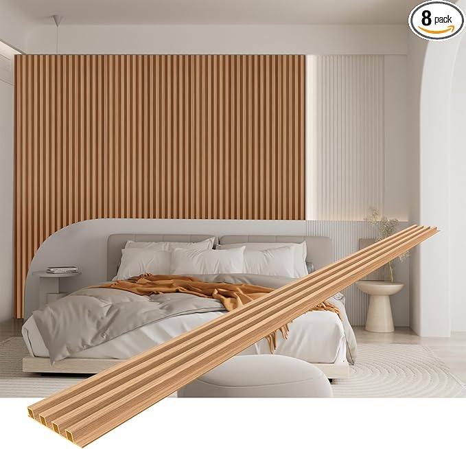 8-Pack WPC Slat Wall Panels, 96 x 6.6 in Decorative Acoustic Slats 3D Wall Panels, Water-Proof and Easy Installation, Teak