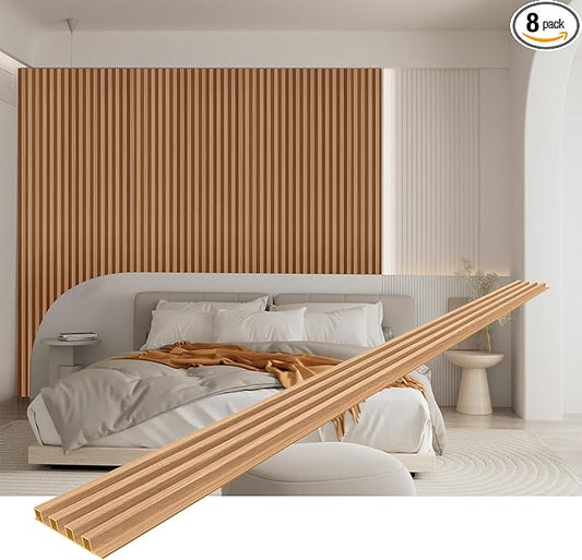 8-Pack WPC Slat Wall Panels, 96 x 6.6 in Decorative Acoustic Slats 3D Wall Panels, Water-Proof and Easy Installation, Teak