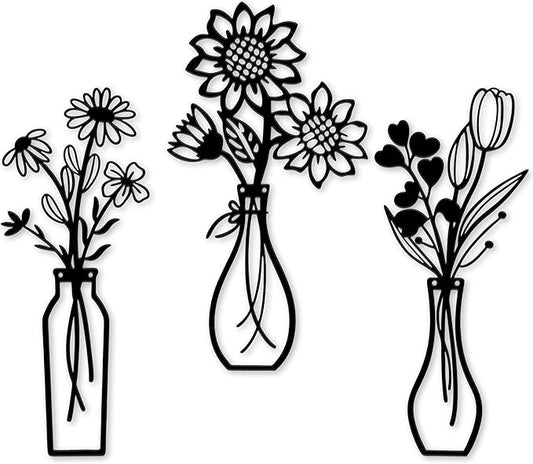 Mcdagogn 3 Pieces Metal Flowers Wall Arts - Rustic Farmhouse Wall Decor, Minimalist Black and White Wall Decor for Living room Bathroom Bedroom Dining Room Kitchen Office - Housewarming Gifts