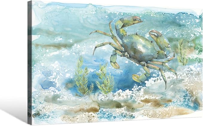 Nautical Wall Decor Green Crab Canvas Painting Ocean Bathroom Decor Sea Grass Coastal Wall Art Beach Decorations for Bedroom Livingroom Home 24x16Inch