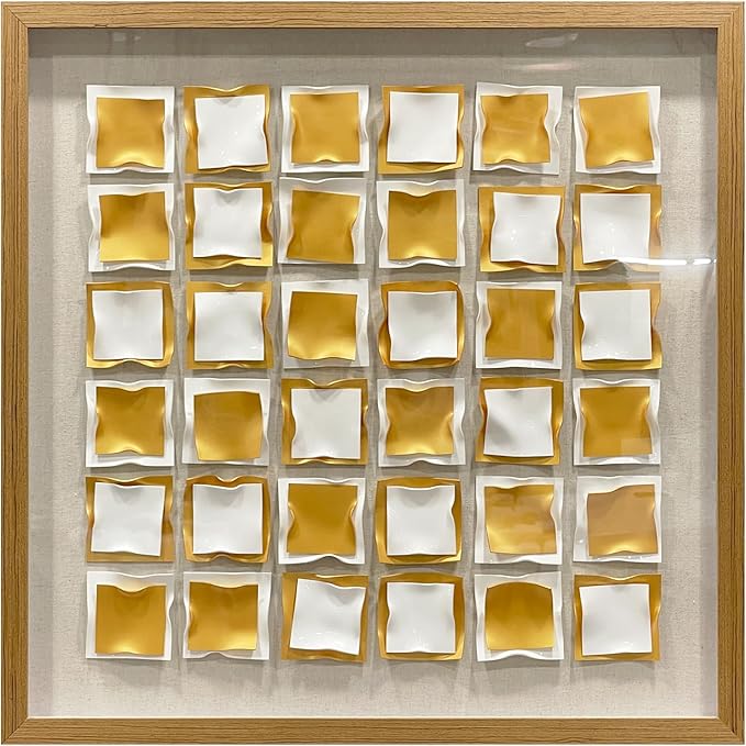 BrightA Gold and White Geometric Wall Sculpture Reflective 3D Textured Panels Brushed Metal Texture with Wave Modern Framed Abstract Art for Bedroom Office Decor 31.5"x31.5"