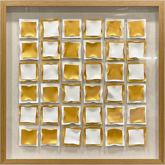BrightA Gold and White Geometric Wall Sculpture Reflective 3D Textured Panels Brushed Metal Texture with Wave Modern Framed Abstract Art for Bedroom Office Decor 31.5"x31.5"