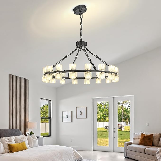 Black Wagon Wheel Chandeliers Modern 32-Lights Black Round Chandelier Crystal Chandeliers for Dining Room,Living Room Vintage Chandelier for Foyer Hallway