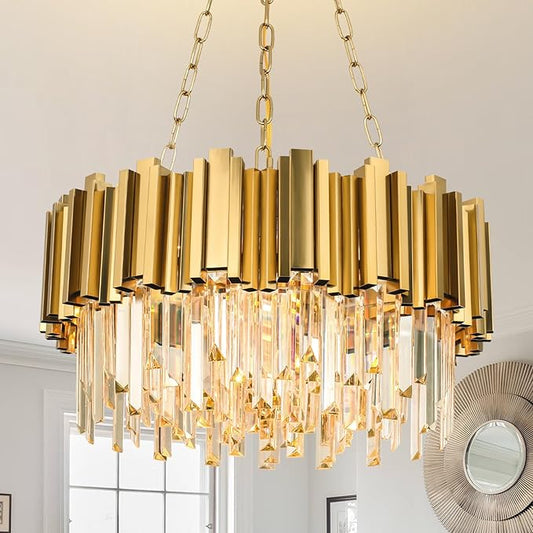 Modern Chandeliers Crystal with Light Gold Crystal Chandelier Hanging Ceiling Light Fixture 9 Lights Chandelier Modern Crystal Round Pendant Light Fixture Dining Room Living Room Bedroom W22in