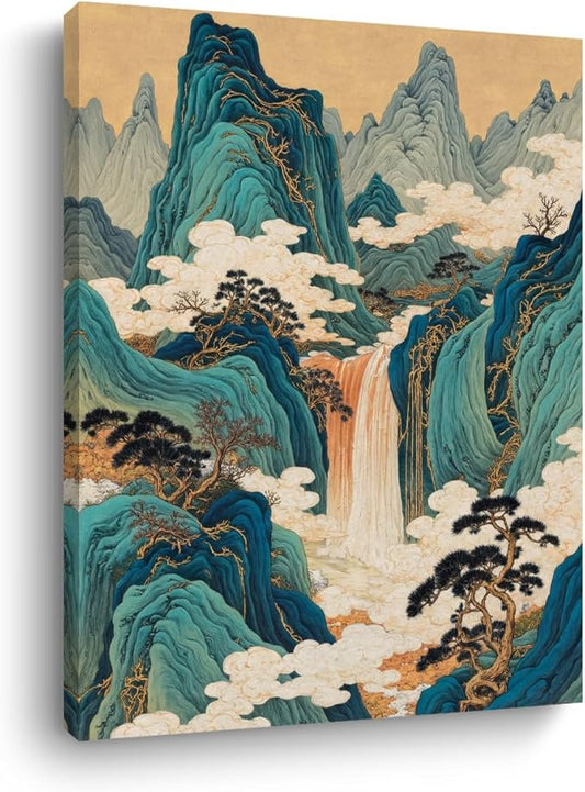 Japanese Waterfall Print Wall Art, Nature Landscape Mountains and Rivers Canvas Framed Prints Room Decor, Housewarming Gifts, Vintage Aesthetic Prints for Living Room Office Entryway 15x11.4 inch