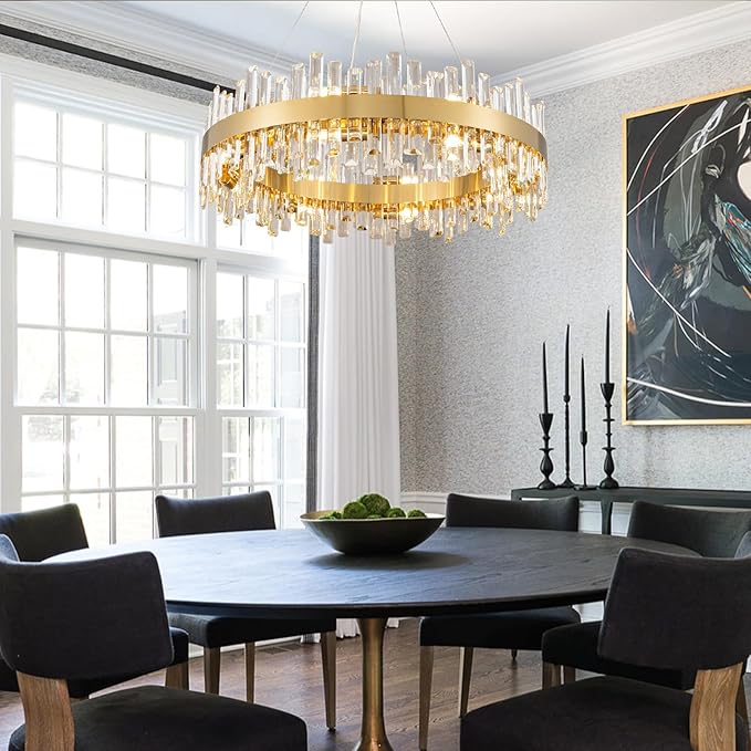 Modern Crystal Chandeliers, 16 Lights Brass Gold Round 2-Tier K9 Crystal Raindrop Chandelier, Luxury Flush Mount Pendant Ceiling Light for Living Room Bedroom Entryway Kitchen Foyer D31.5''