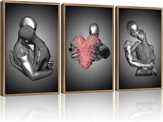 3Pcs Wood Framed 3D Couple Wall Art Poster Modern Decoration Prints Love Images Reusable Gallery Artwork Black and White Metal Style Romantic Hanging Painting Suitable 12x16 inch