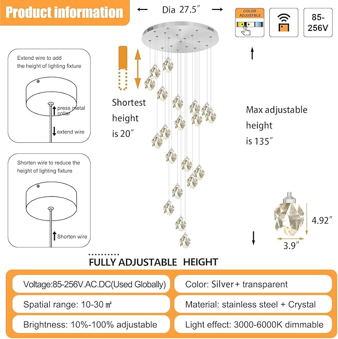 Large High Ceilings Chandeliers Modern Long Crystal Spiral Chandeliers,K9 Crystal Drop Chandelier for Staircase Foyer Entryway 20 Lights Silver D28XH135inch