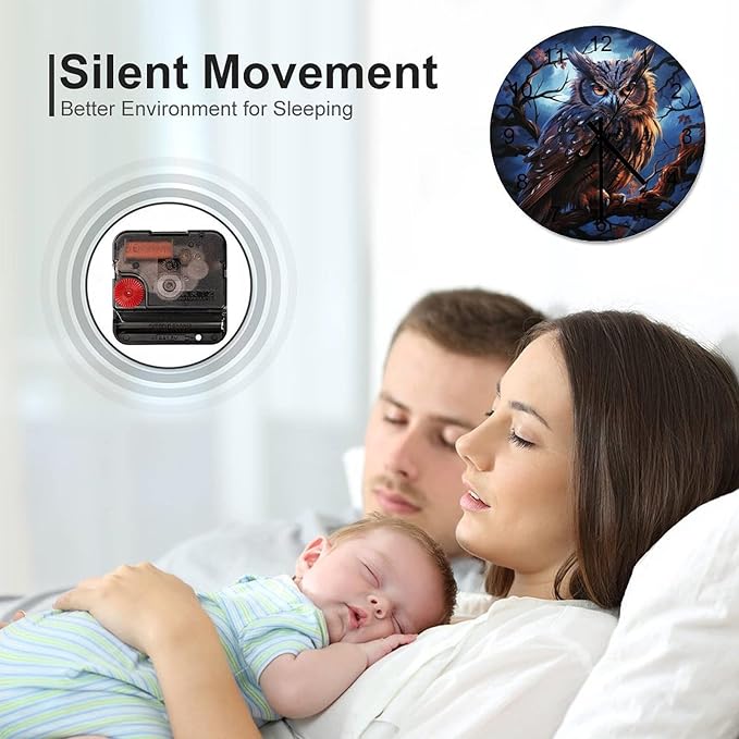 Owl Cartoon Round Wall Clock, Night Forest Branch Owl Watercolor Art, Personalized Decorative Wooden Silent Wall Wall Clock for Teenagers' Rooms and Bedrooms 12x12INCH