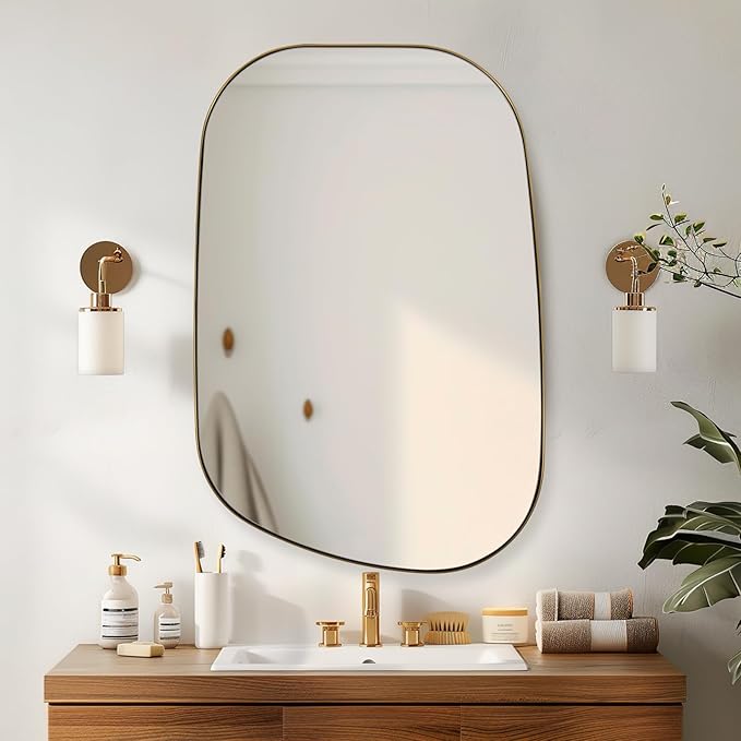 ANDY STAR Gold Bathroom Mirror, 24"x36" Brushed Brass Asymmetrical Wall Mirror in Stainless Steel Metal Frame, Unique Vanity Mirror with Modern Curved Design, Ideal for Bathroom, Bedroom, Entryway