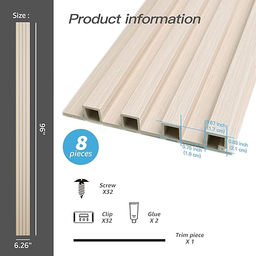 Art3d 8-Pack 96 x 6in. WPC Acoustic Slat Wall Panel for Modern Interior Decor, TV Background, Living Room, White Ash