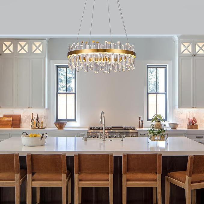 Modern Gold Crystal Led Chandelier: 23.6" Round 3 Color Dimmable K9 Luxury Crystals Chandeliers for Dining Room Lights over Table - Elegant Contemporary Living Room Bedroom Kitchen Light with Remote