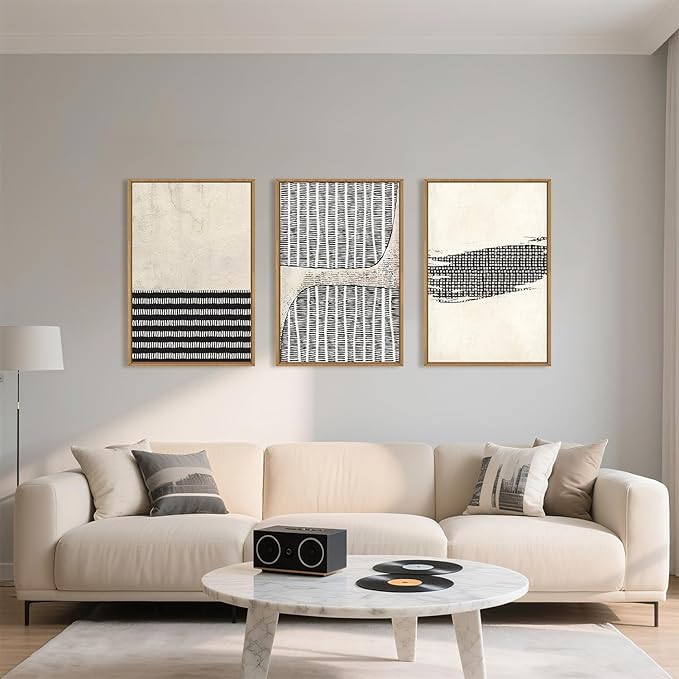 Large Abstract Black and Beige Framed Canvas Wall Art,Minimalist Dots Lines Wall Decor,Modern Geometric Shapes Artwork,Cozy Neutral Art Print for Living Room,Bedroom,Office,Home-24"x36"x3