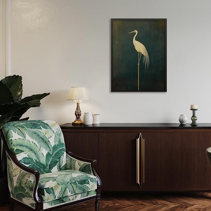Black Framed Canvas Wall Art Posters Vintage Bird Prints Japanese Crane Retro Asian Bird Picture Abstract Maximalist Green Decor 20X28 inch for Bedroom Living Room Office Gallery