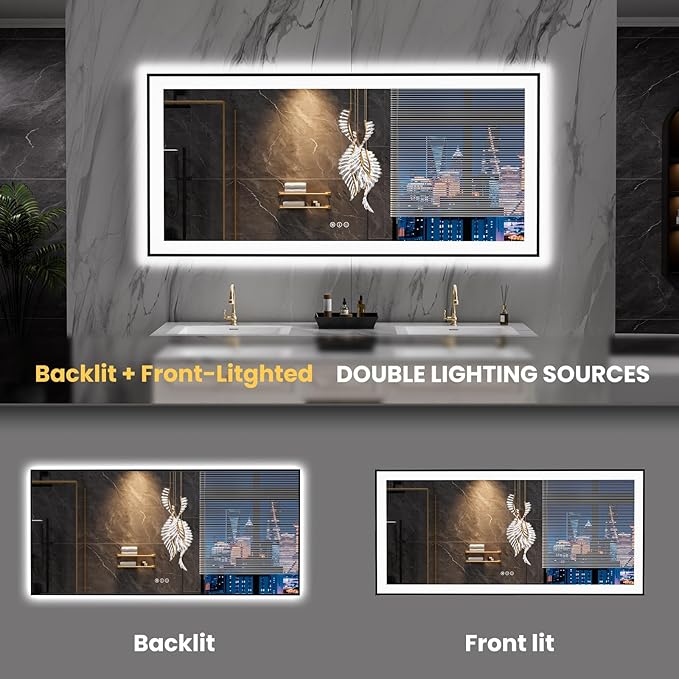 LOAAO 60"X30" LED Bathroom Mirror Black Framed, Anti-Fog, Dimmable, Lighted Bathroom Vanity Mirror for Wall, Memory Function, Tempered Glass