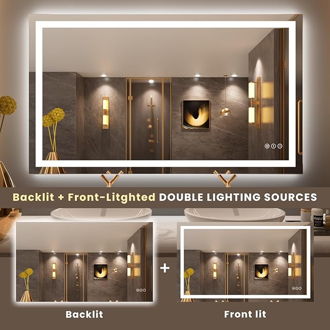 LOAAO 50"X30" LED Bathroom Mirror with Lights, Anti-Fog, Dimmable, Backlit + Front Lit, Lighted Bathroom Vanity Mirror for Wall, Memory Function, Tempered Glass, Safe to Use, ETL Listed