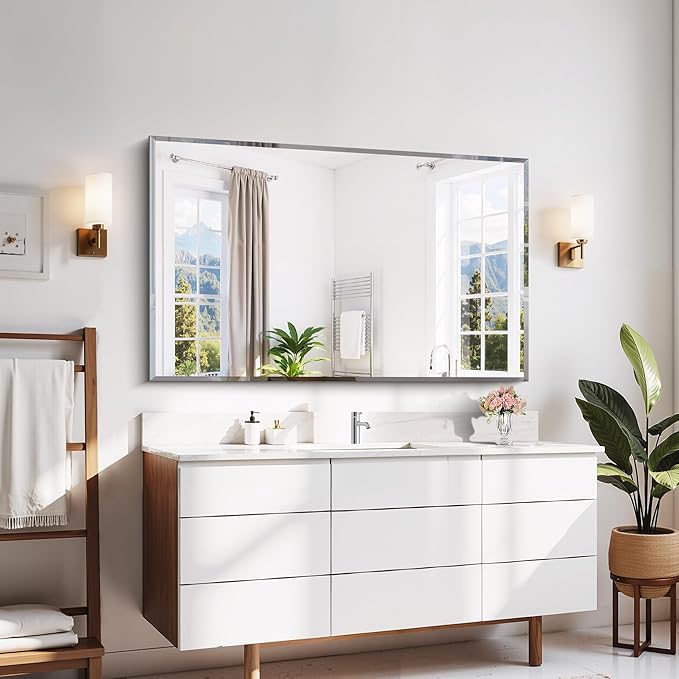 Beveled Bathroom Mirror, 30x48 Large Frameless Mirrors for Over Sink, Upgraded Shatterproof Beveled Frameless Vanity Mirror for Bedroom, Living Room and Entryway (Horizontal/Vertical)