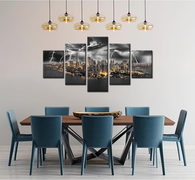 Cawpom Black and White New York Wall Art Manhattan Panoramic Wall Decor Nature Lightning Strikes Picture Canvas Print Storm Cityscape Painting Poster Frame Home Living Room Decoration(60x32 inches)