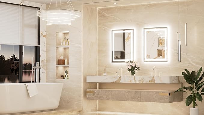 Keonjinn LED Mirror for Bathroom 24 x 30 in, Brushed Nickel Frontlit & Backlit Bathroom Mirror with Lights, Brushed Beveled Framed, Tempered Glass, UL Listed LED Driver, 3-Color Dimmable, Anti-Fog