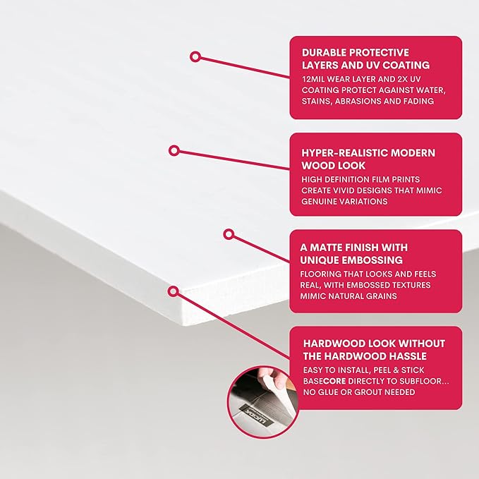 LUCiDA SURFACES Luxury Vinyl Flooring Tiles-Peel and Stick Floor Tile for DIY Installation-36 Wood-Look Planks-Blanc-BaseCore-54 Sq. Feet