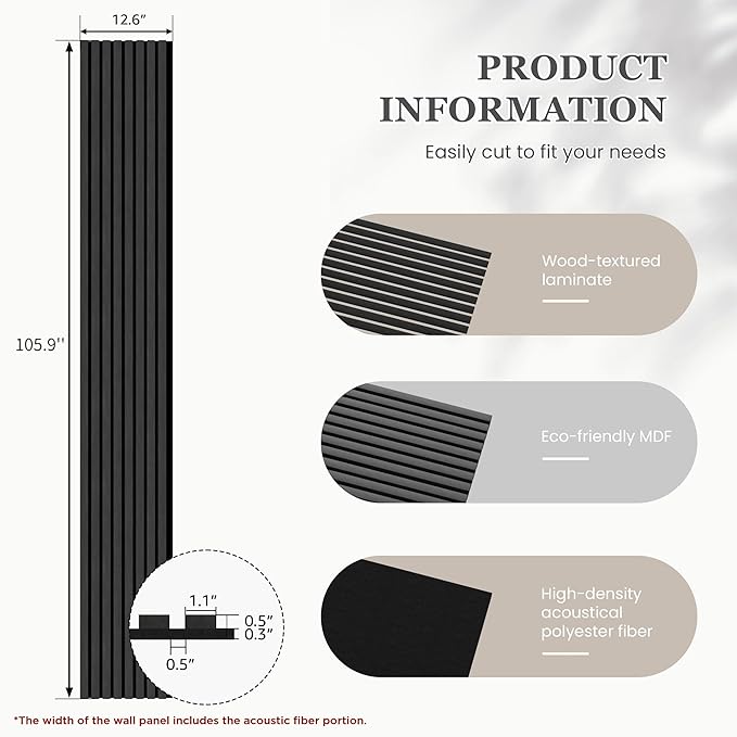 4 Pack 105.9" x 12.6" x 0.8" Acoustic Wall Panels Sound Absorbing, Wood Slat Wall Panels for Wall Decor, Soundproof Wood Wall Panels, Matte Black