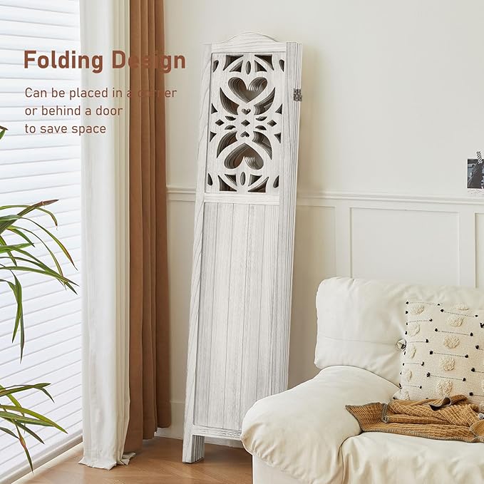 4 Panel Room Divider Fully Assembled, Carved Room Dividers and Folding Screens, 5.6Ft Wood Room Divider Screen Freestanding Partition Wall Dividers for Home Bedroom Office, Rustic White