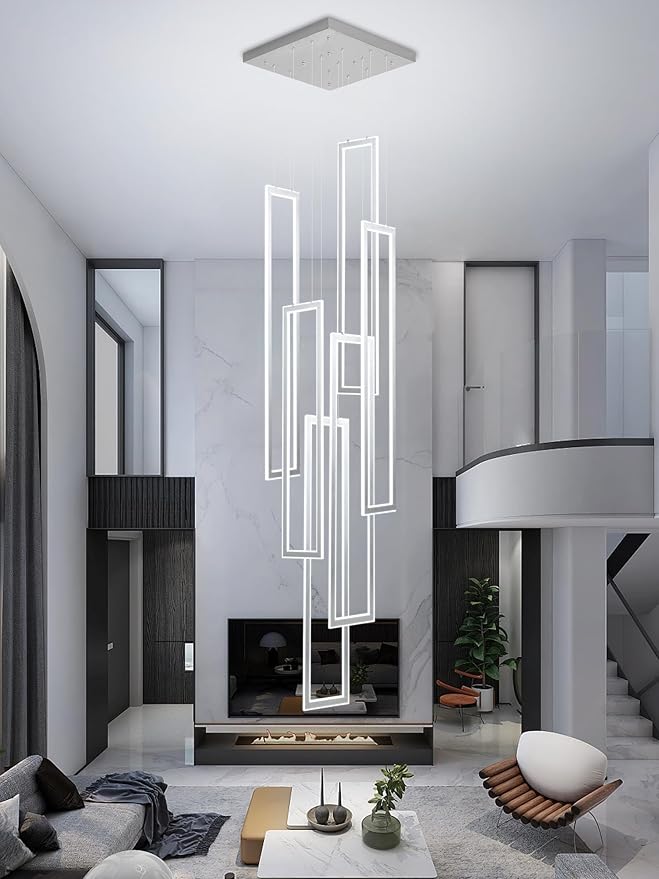 6-Rings Modern Chandelier,H138 Rectangle Chandeliers for Staircase,LED Dimmable High Ceiling Chandeliers Large Contemporary Chandelier for Villa Foyer Chrome
