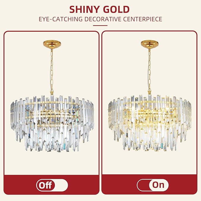 24" Modern Crystal Chandelier, 3-Tier Gold Pendant Light with 8 Lights, Luxury K9 Crystal Ceiling Fixture for Dining Room Living Room Foyer