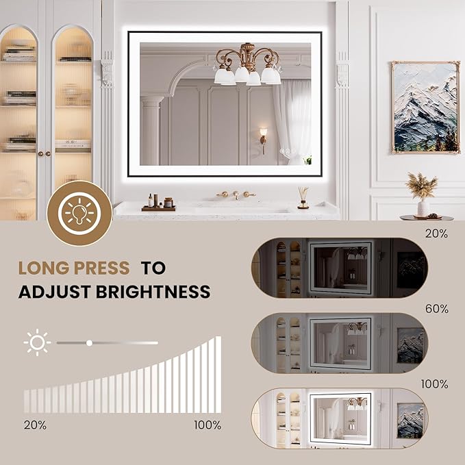 LOAAO 40"X30" LED Bathroom Mirror Black Framed, Anti-Fog, Dimmable, Lighted Bathroom Vanity Mirror for Wall, Memory Function, Tempered Glass