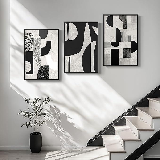 Large Framed Black and White Abstract Wall Art for Living Room, 3 Piece Modern Canvas Prints Paintings Artwork for Walls, Minimalist Geometric Pictures for Entryway Hallway Office Wall Decor 24x36 In