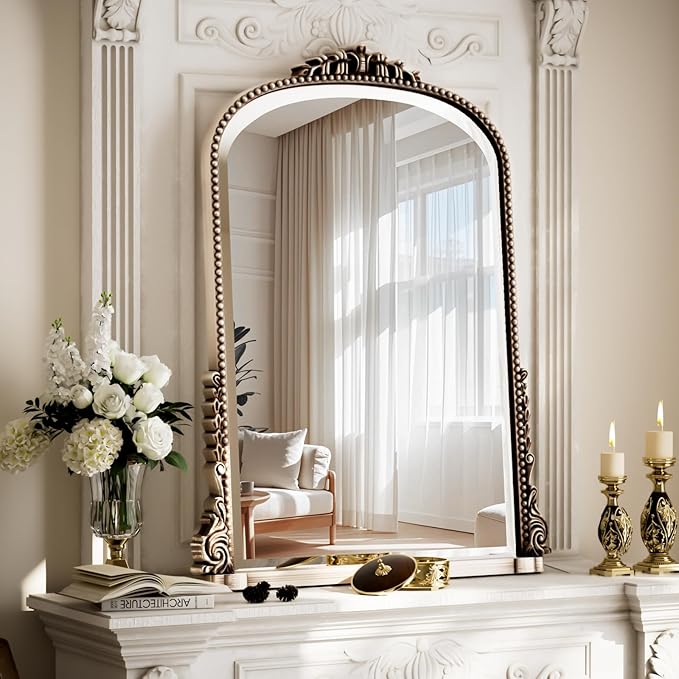 32x24 Beaded Arched Mirror, Bathroom Mirror for Over Sink, Metal Frame Wall Decor for Entryway, Bedroom, Living Room, Silver