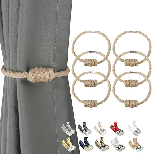 BEL AVENIR Magnetic Jute Curtain Tiebacks, Decorative Drapery Holdbacks Bohemian Style Woven Tie-Backs with Exquisite Knot (Jute, 6 Pack)