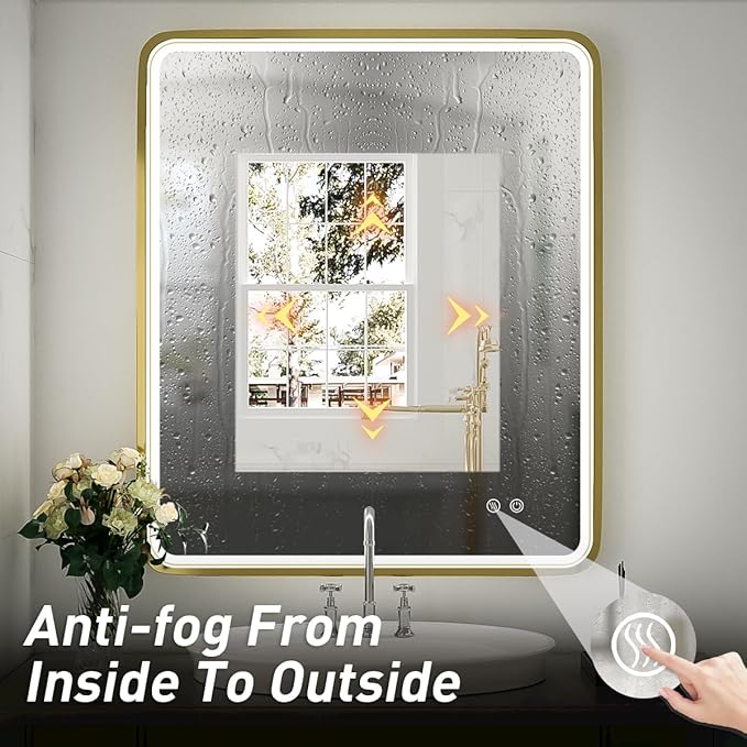 30x36 Inch LED Bathroom Mirror with Lights,Gold Metal Frame Lighted Vanity Mirror, Anti Fog Design&Dimmable&Touch Switch,Large Wall Mounted Mirror for Bathroom Decor (Horizontal&Vertical)