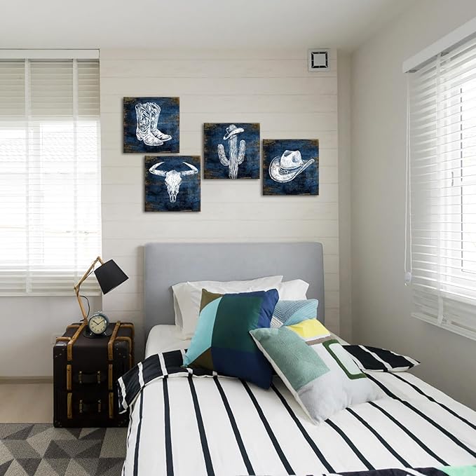 KLVOS Navy Blue Cowboy Wall Art Décor Hat and Boots Painting Cactus Bull Skull Canvas Art Prints Western Picture for Man Cave Room Decor 12x12inchx4 Piece