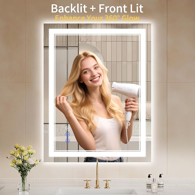 28"x36" LED Bathroom Mirror with Lights, Anti-Fog, Backlit + Front Lit, Dimmable, Led Vanity Mirror for Wall, Lighted Bathroom Mirror, 3 Colors, Shatter-Proof Tempered Glass