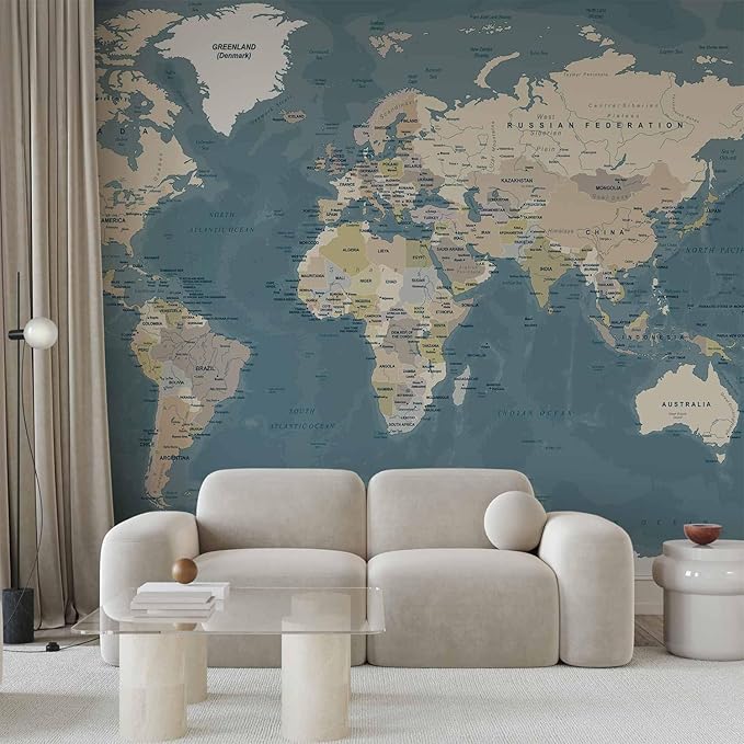 artgeist Premium Wall Mural World Map 79x55 in - XXL Non-Woven Wallpaper Fleece Wall Decor Photo Print Picture Image Design Home Map of The World k-B-0063-a-a