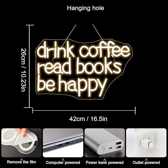 Looklight Drink Coffee Read Books Be Happy Neon Sign Warm White Read Books Led Neon Light for Wall Decor Dimmable USB Neon Light Up Signs for Classroom Coffee Shop Bookstore Library Museum Study Room