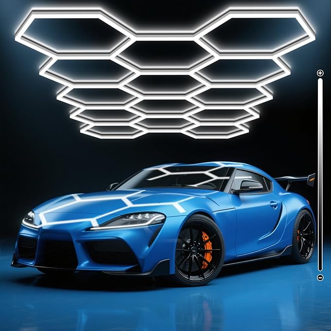 BRILLIHOOD Hexagon Garage Lights, 10-100% Dimmable LED Honeycomb Lights, 54720LM, 6500K Super Bright, 14 Grid Systems Car Detailing Lighting for Warehouse Workshop Basement Gym