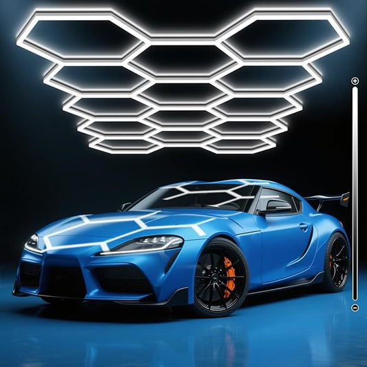 BRILLIHOOD Hexagon Garage Lights, 10-100% Dimmable LED Honeycomb Lights, 54720LM, 6500K Super Bright, 14 Grid Systems Car Detailing Lighting for Warehouse Workshop Basement Gym