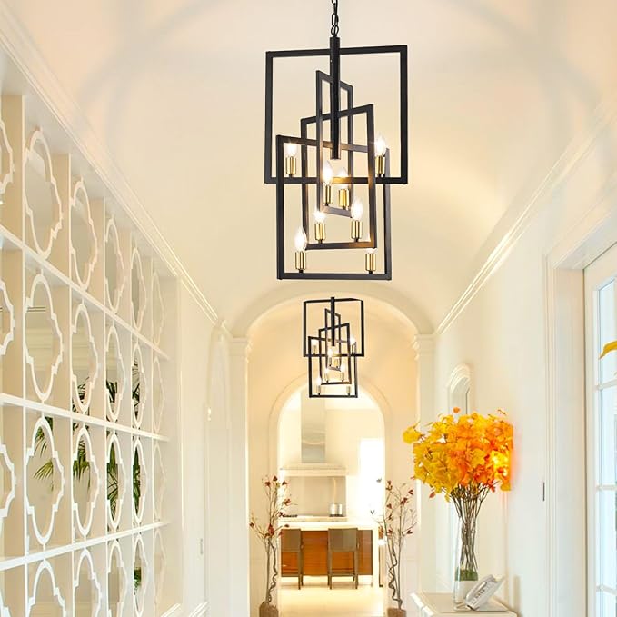 Black and Gold Chandelier, 8-Light Farmhouse Lantern Pendant Light Fixtures, Rustic Industrial Foyer Lighting Fixtures, Large Chandeliers for High Ceilings, for Hallway, Staircase, Entryway